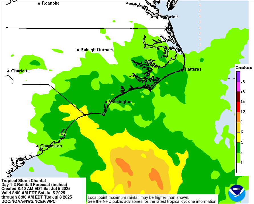 Rainfall forecast of Tropical storm Chantal by NHC
